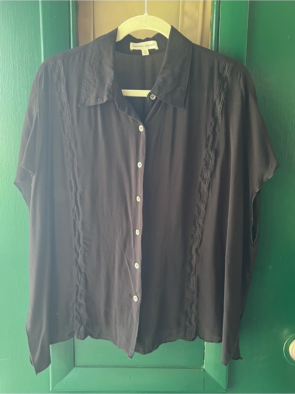 Honey Punch Black Button-Up Top with Lace Details